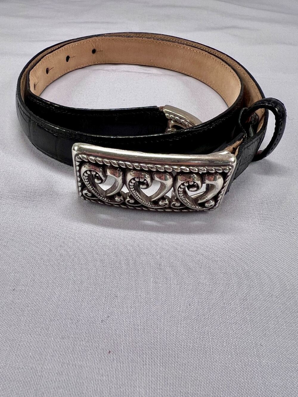 Brighton Belt Black Croc Embossed Leather Silver Heart Buckle Womens Medium 30